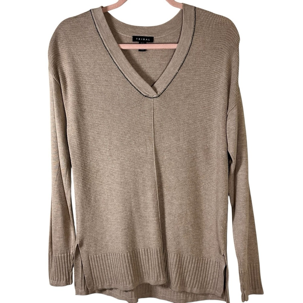 TRIBAL Women's Oatmeal Beige V-Neck Waffle Knit Soft Sweater Size XS Minimalist